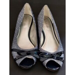 Kelly & Katie cork wedge slip on, peep toe with bow Size 8 denim swiss dot